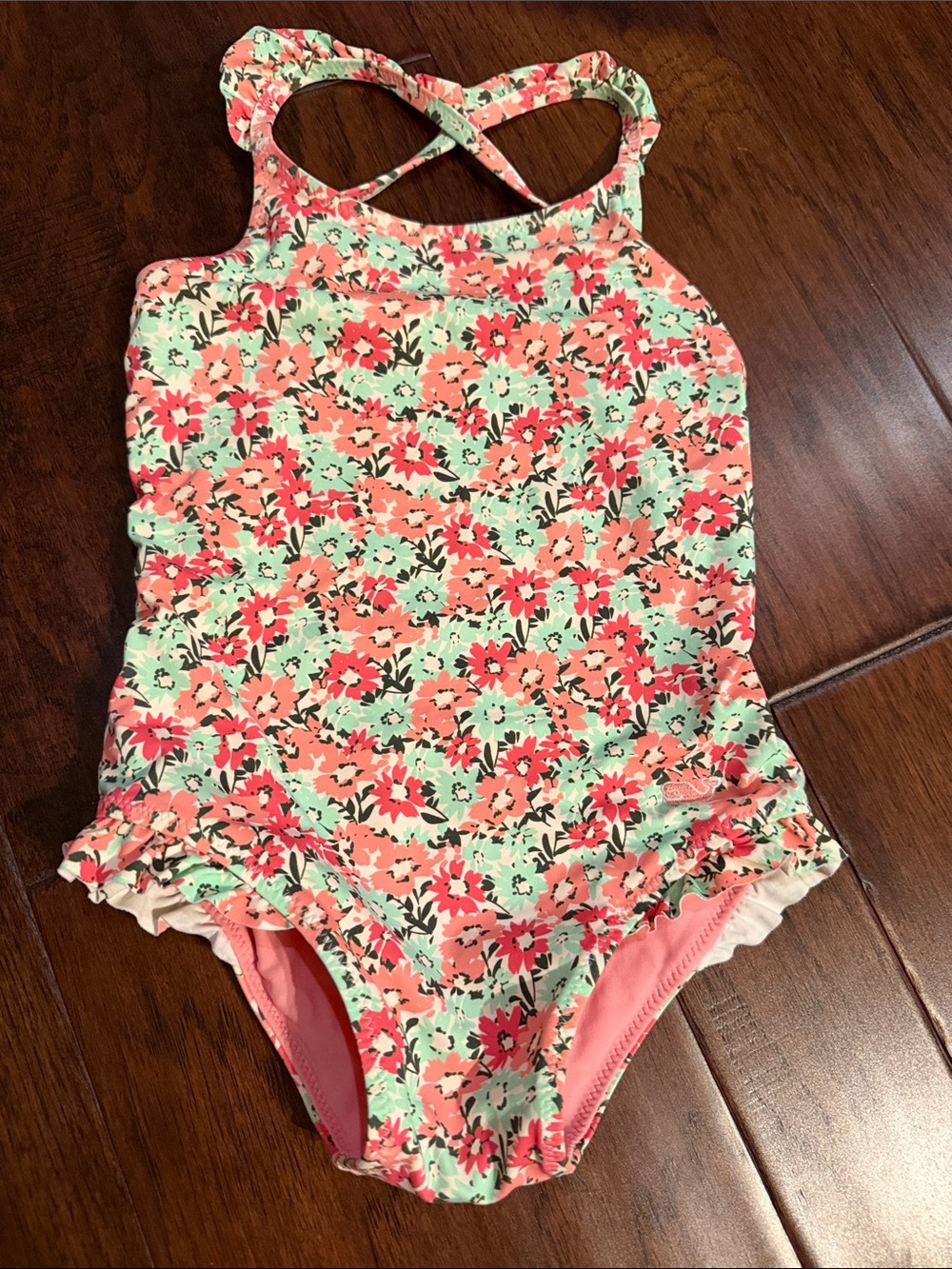 Vineyard Vines Girls Floral One-Piece Swimsuit in Mint and Coral